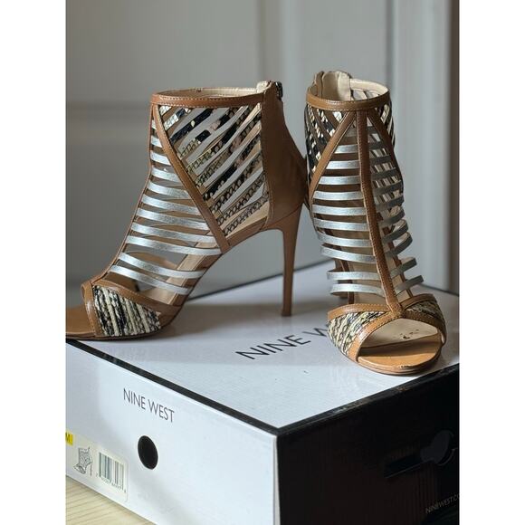 Nine West SZ 7 in Box Tan Leather 4" STILLETO Heel PEEP TOE Snakeskin Metallic - Picture 16 of 16